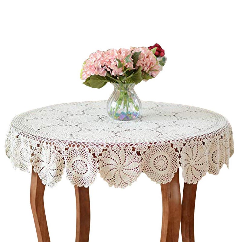 USTIDE 60" Crochet Lace Tablecloth Round Beige Crocheted Table Cloths Elegant Floral Covers Handmade Table Overlays Doily - Image 1